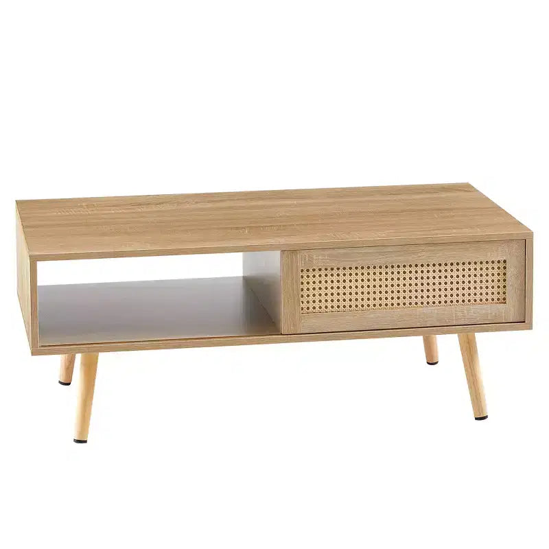 Tavolino da caffè in Rattan 41.34 giocattoli divertenti, porta scorrevole per riporre oggetti, gambe in legno massello, Tavolino moderno per soggiorno, naturale