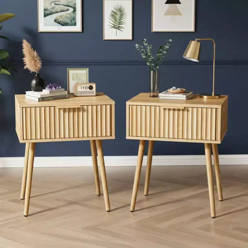 Karl Home 18.9In. Oak Grain Nightstand, Particleboard & MDF, Melamine & Vacuum Forming, 1 Drawer, High Leg (2 Pcs)