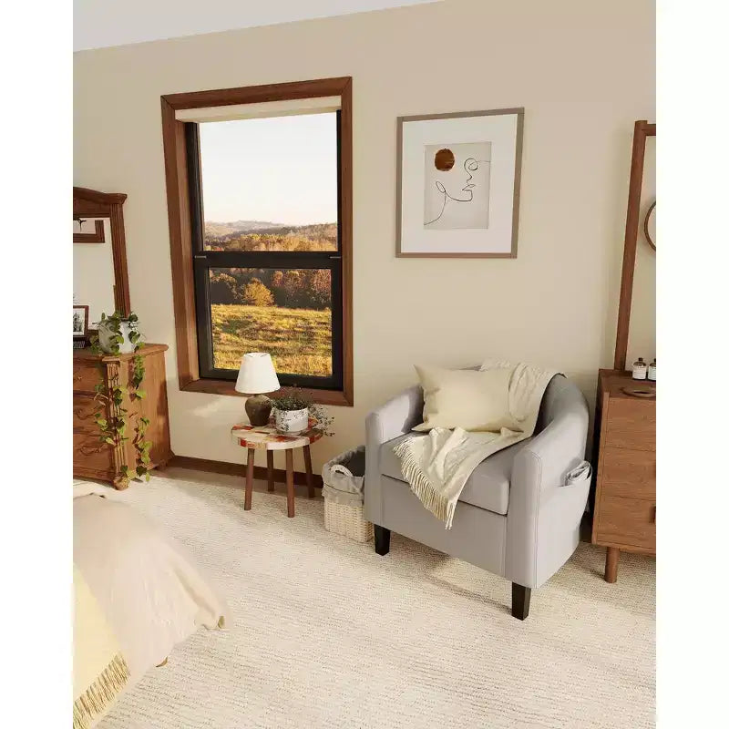 Poltrona in similpelle, moderna poltrona a barilotto rotonda con cuscino per soggiorno, camera da letto, sala lettura e sala d'attesa