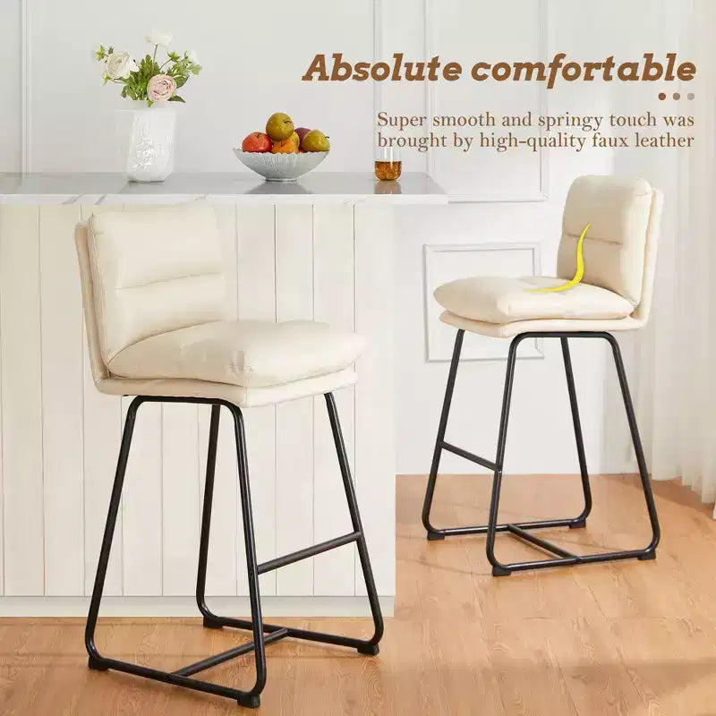 Set di 2 Moderni Sgabelli da Bar in Similpelle Spessa con Gambe in Metallo Panna/Bianco - Glitzhome: Imbottiti, Base a Slitta, Poggiapiedi
