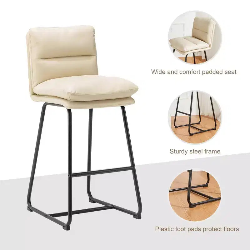 Set di 2 Moderni Sgabelli da Bar in Similpelle Spessa con Gambe in Metallo Panna/Bianco - Glitzhome: Imbottiti, Base a Slitta, Poggiapiedi