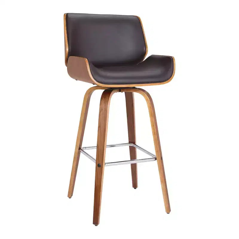 30" Gambier Mid-Century Swivel Bar Height Barstool Brown - Armen Living: Adjustable, Faux Leather, Chrome-Plated Steel Frame