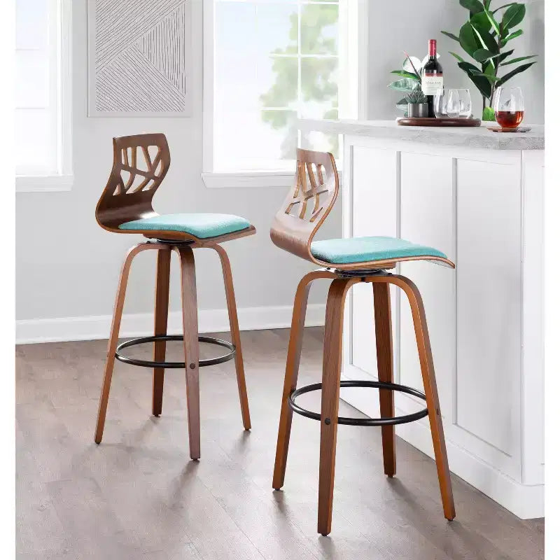 Set di 2 sgabelli da bar Folia Noce/Nero/Verde acqua - LumiSource: Moderni di metà secolo, Girevoli, Imbottiti, Struttura in legno