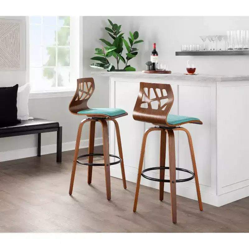 Set di 2 sgabelli da bar Folia Noce/Nero/Verde acqua - LumiSource: Moderni di metà secolo, Girevoli, Imbottiti, Struttura in legno