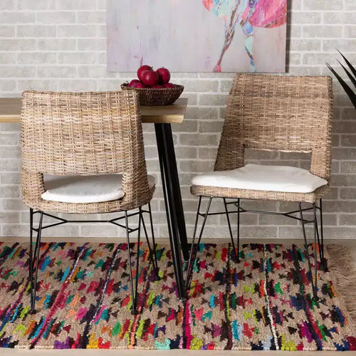 Sedia da pranzo in metallo Nafaro Rattan, 2 pezzi, con cuscino, set nero/bianco - bali & pari
