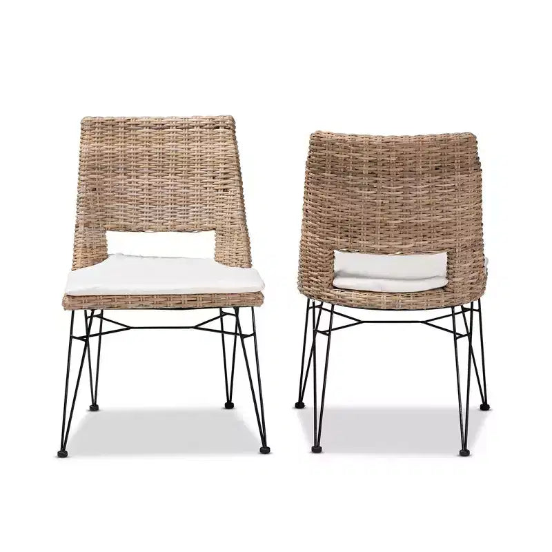 Sedia da pranzo in metallo Nafaro Rattan, 2 pezzi, con cuscino, set nero/bianco - bali & pari