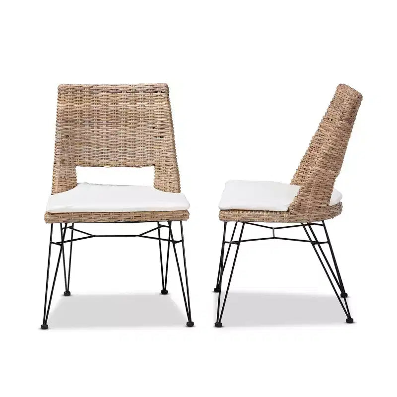 Sedia da pranzo in metallo Nafaro Rattan, 2 pezzi, con cuscino, set nero/bianco - bali & pari