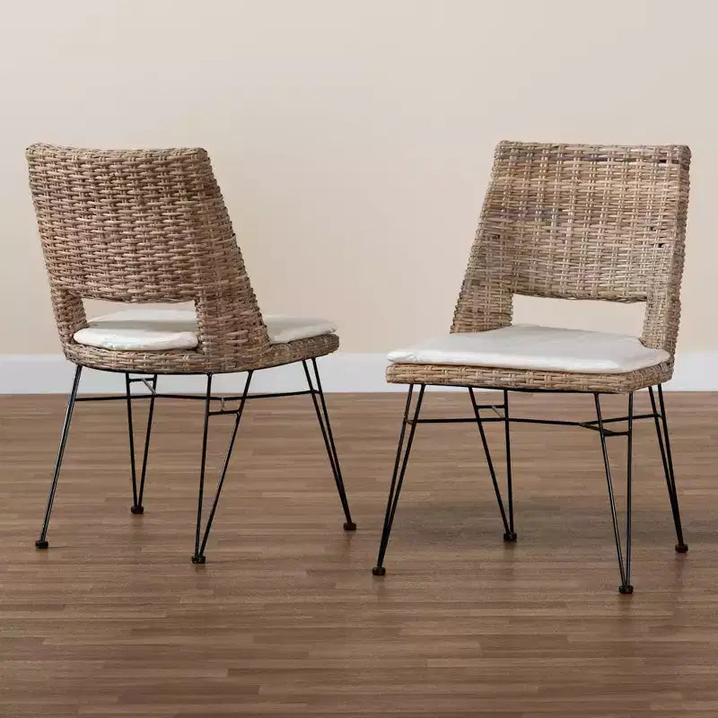 Sedia da pranzo in metallo Nafaro Rattan, 2 pezzi, con cuscino, set nero/bianco - bali & pari