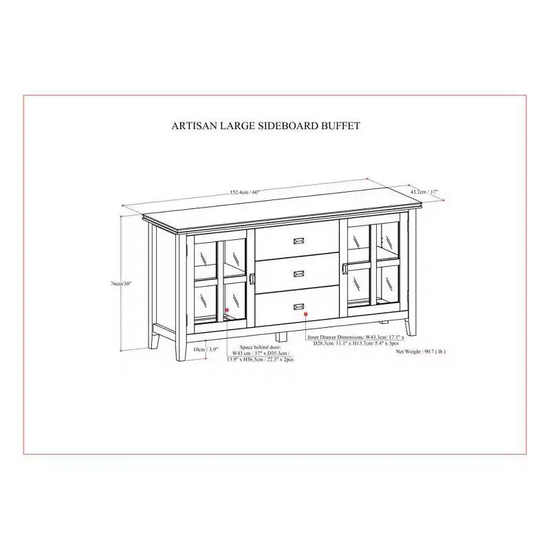 Credenza buffet grande Stratford, marrone rossiccio - WyndenHall: Legno massello, 3 cassetti, 2 armadietti