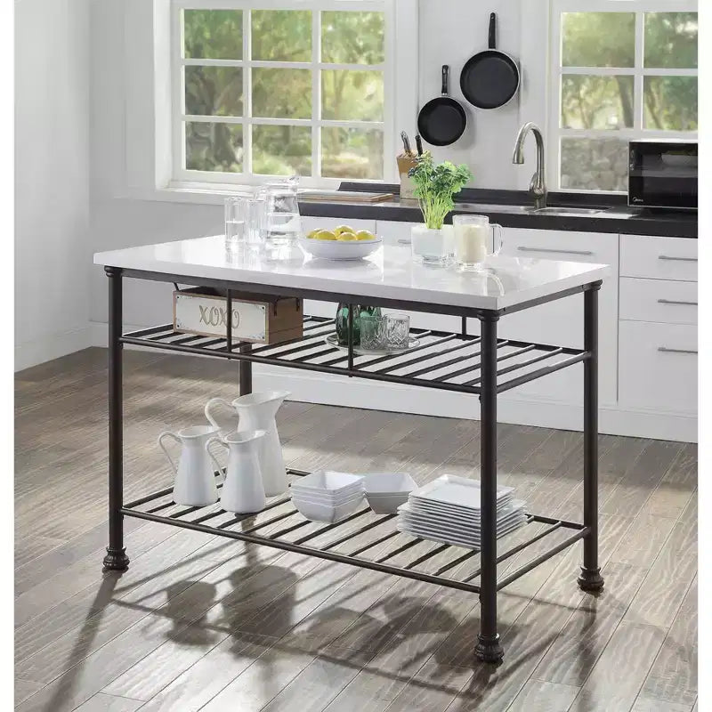 Isola da cucina Freyja da 50" con piano in pietra ricostruita bianca/finitura grigia - Acme Furniture: struttura in metallo, ripiani contenitori