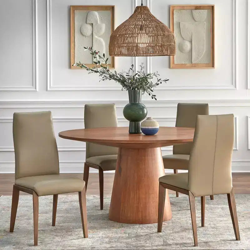 Tavolo da pranzo rotondo moderno da 5 pezzi da 150 cm con sedie da pranzo in pelle color tortora