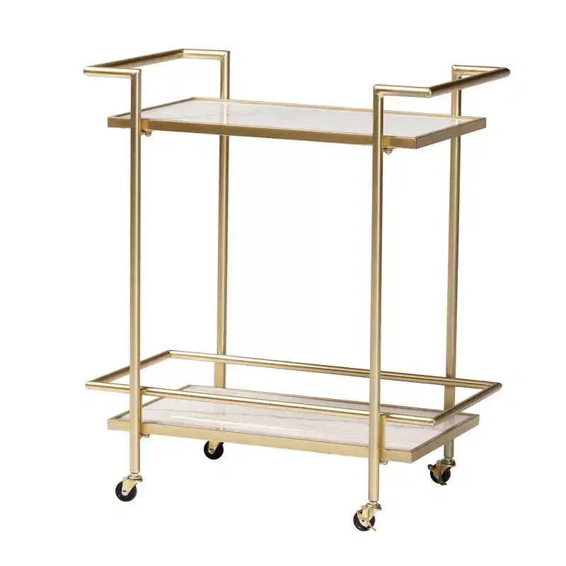 Carrello portavivande a 2 ripiani Louise in metallo e marmo oro/marmo bianco - Baxton Studio