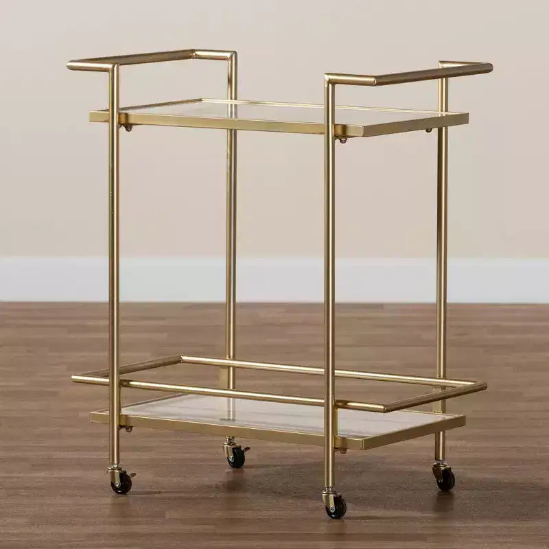 Carrello portavivande a 2 ripiani Louise in metallo e marmo oro/marmo bianco - Baxton Studio