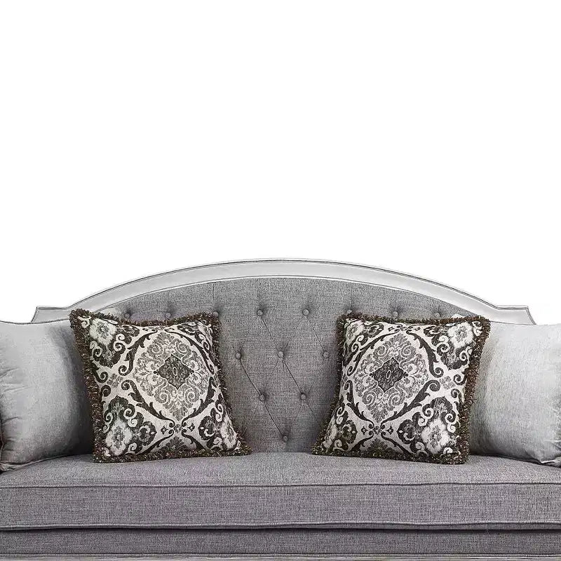 Divano Florian da 88", in tessuto grigio e finitura bianco anticato - Acme Furniture: Rivestimento in pelle, struttura in legno, include cuscino decorativo
