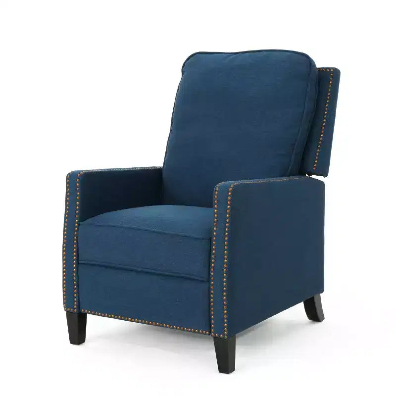 Poltrona reclinabile tradizionale in tessuto Cecelia blu navy - Christopher Knight Home: con borchie, reclinabile a spinta, per piccoli spazi