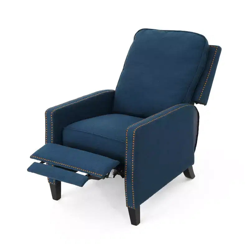 Poltrona reclinabile tradizionale in tessuto Cecelia blu navy - Christopher Knight Home: con borchie, reclinabile a spinta, per piccoli spazi