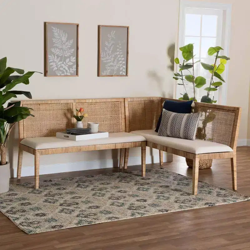 2 pz Panca a divanetto in rattan, miele chiaro/bianco: tappezzeria in poliestere, struttura in compensato