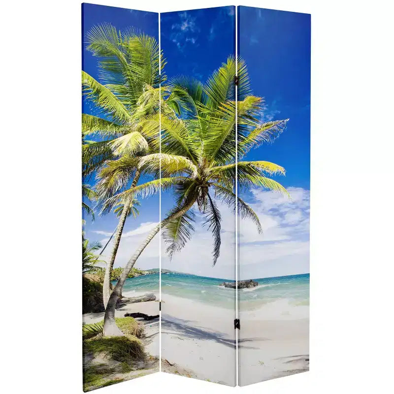 Divisorio per Ambienti Oriental Furniture 15 cm, Fronte-Retro, con Palme al Tramonto su Tela, Blu: Autoportante, Pieghevole, Nessun Montaggio Richiesto