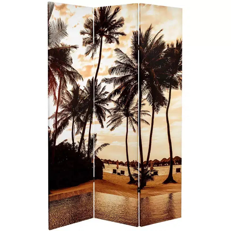 Divisorio per Ambienti Oriental Furniture 15 cm, Fronte-Retro, con Palme al Tramonto su Tela, Blu: Autoportante, Pieghevole, Nessun Montaggio Richiesto