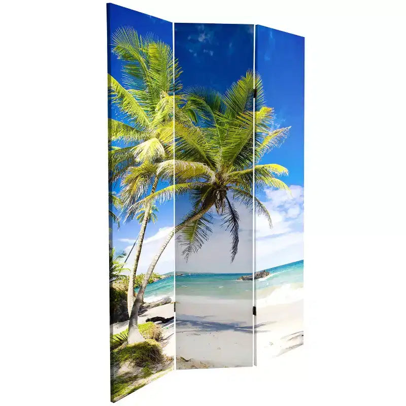 Divisorio per Ambienti Oriental Furniture 15 cm, Fronte-Retro, con Palme al Tramonto su Tela, Blu: Autoportante, Pieghevole, Nessun Montaggio Richiesto