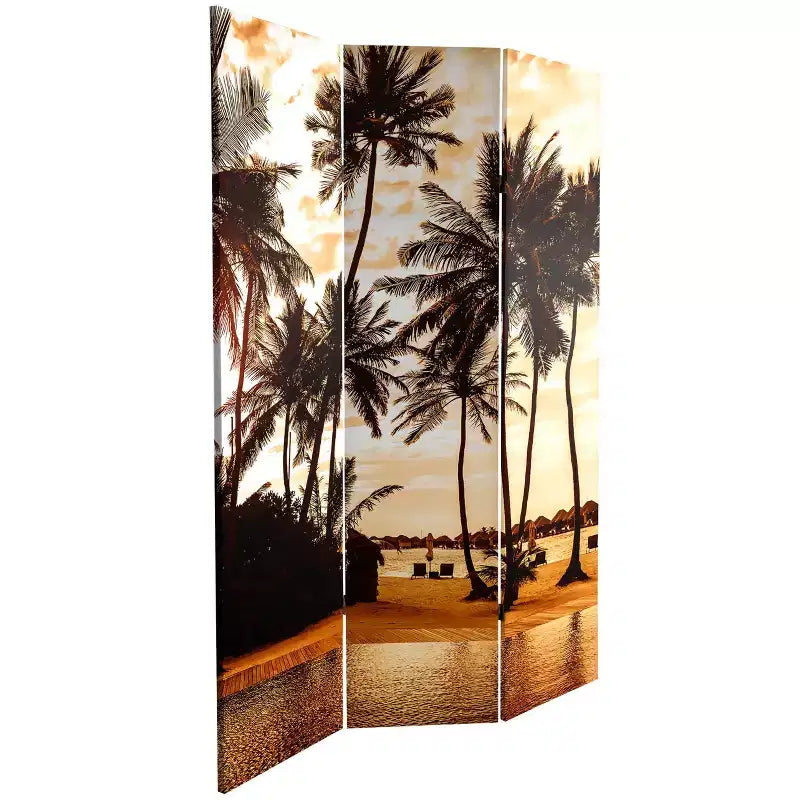 Divisorio per Ambienti Oriental Furniture 15 cm, Fronte-Retro, con Palme al Tramonto su Tela, Blu: Autoportante, Pieghevole, Nessun Montaggio Richiesto