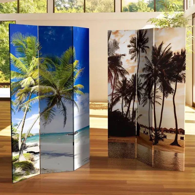 Divisorio per Ambienti Oriental Furniture 15 cm, Fronte-Retro, con Palme al Tramonto su Tela, Blu: Autoportante, Pieghevole, Nessun Montaggio Richiesto