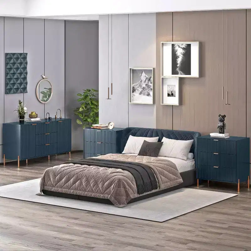 Festivo 3 pezzi Comodini moderni di design a 3 cassetti e comò a 3 cassetti blu scuro