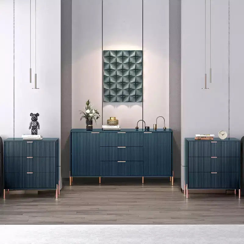 Festivo 3 pezzi Comodini moderni di design a 3 cassetti e comò a 3 cassetti blu scuro