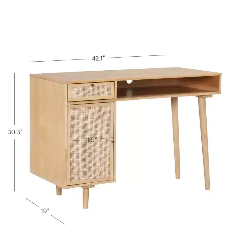 Scrivania Nathan James Boho con Vano Contenitore, Pino Caldo e Rattan: Design Moderno Stile Fattoria, Ferramenta Dorata, Gestione Cavi
