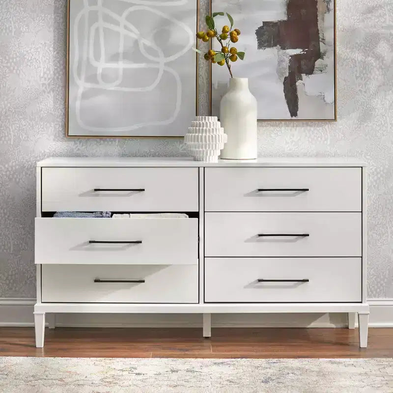 Lifestorey Cassettiera a 6 cassetti Sussex Bianca: Gambe in legno massello di gomma, MDF, stile moderno rustico