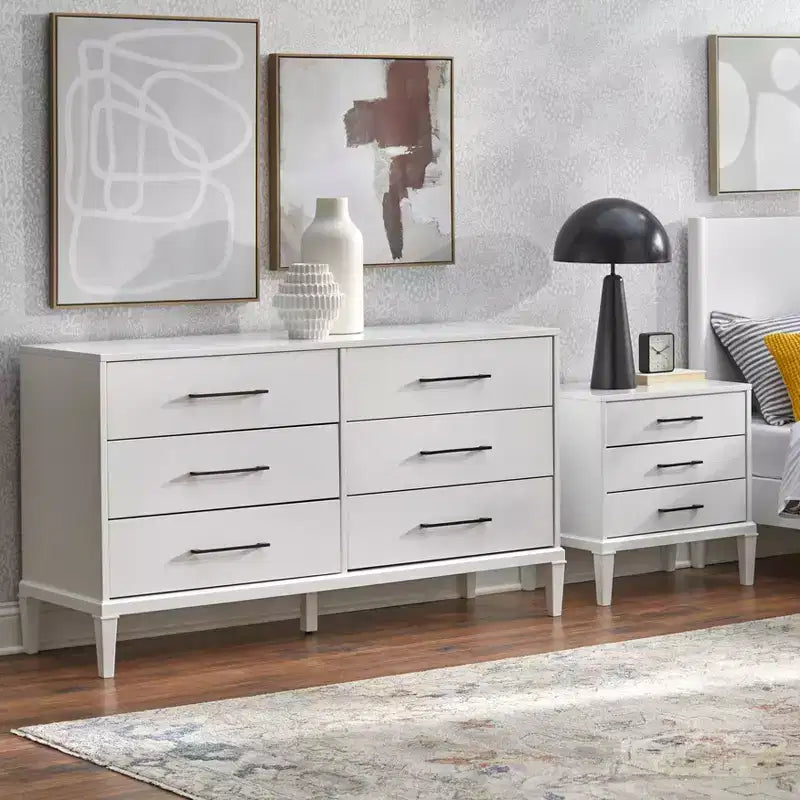 Lifestorey Cassettiera a 6 cassetti Sussex Bianca: Gambe in legno massello di gomma, MDF, stile moderno rustico