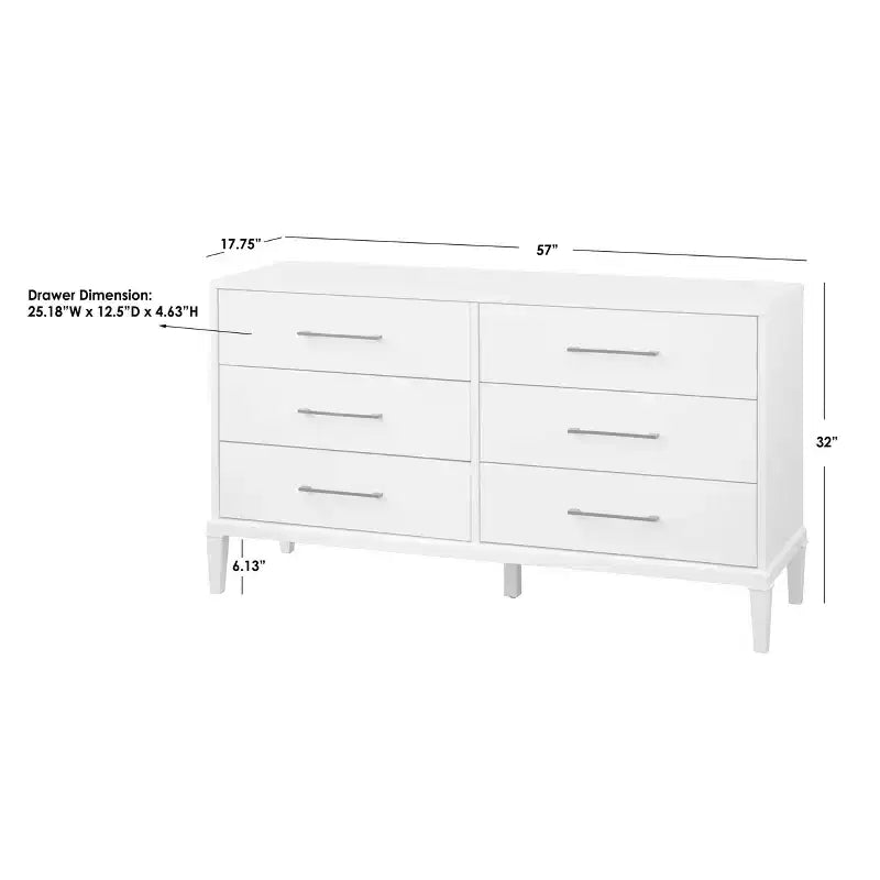 Lifestorey Cassettiera a 6 cassetti Sussex Bianca: Gambe in legno massello di gomma, MDF, stile moderno rustico