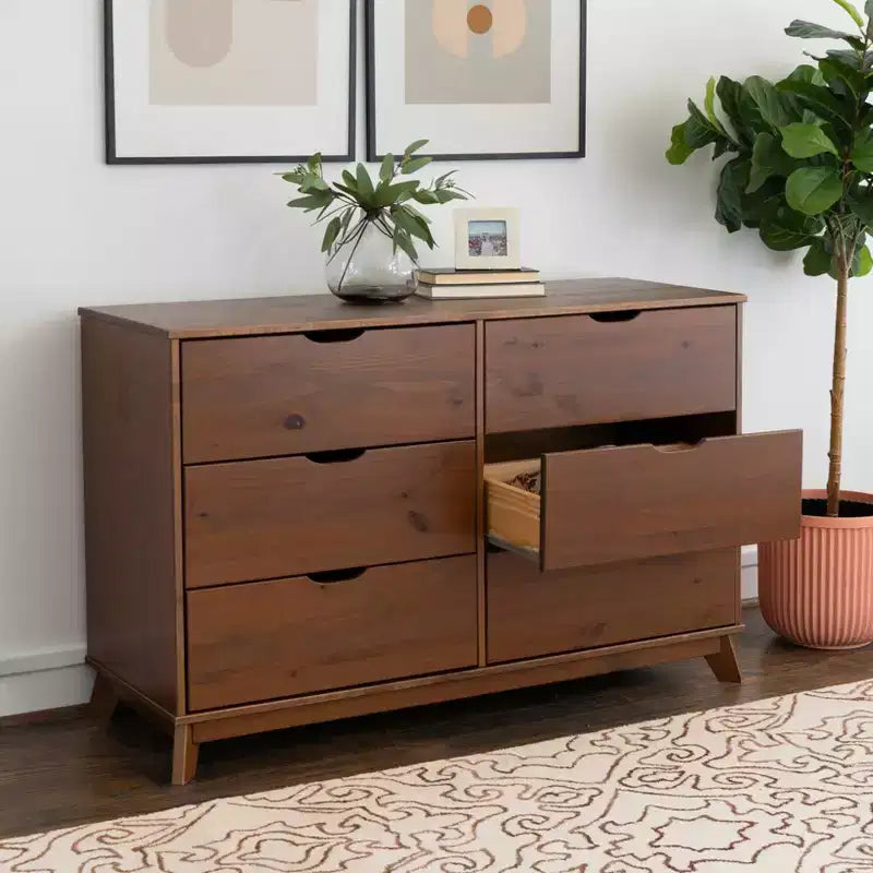 Cassettiera a 6 cassetti Powell Pensy in legno massiccio, stile Mid-Century Modern, noce: Mobile contenitore per camera da letto, struttura in pino, guide in metallo