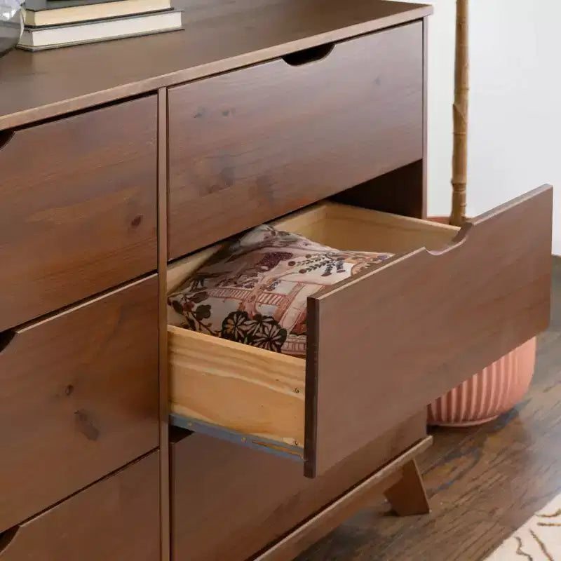 Cassettiera a 6 cassetti Powell Pensy in legno massiccio, stile Mid-Century Modern, noce: Mobile contenitore per camera da letto, struttura in pino, guide in metallo