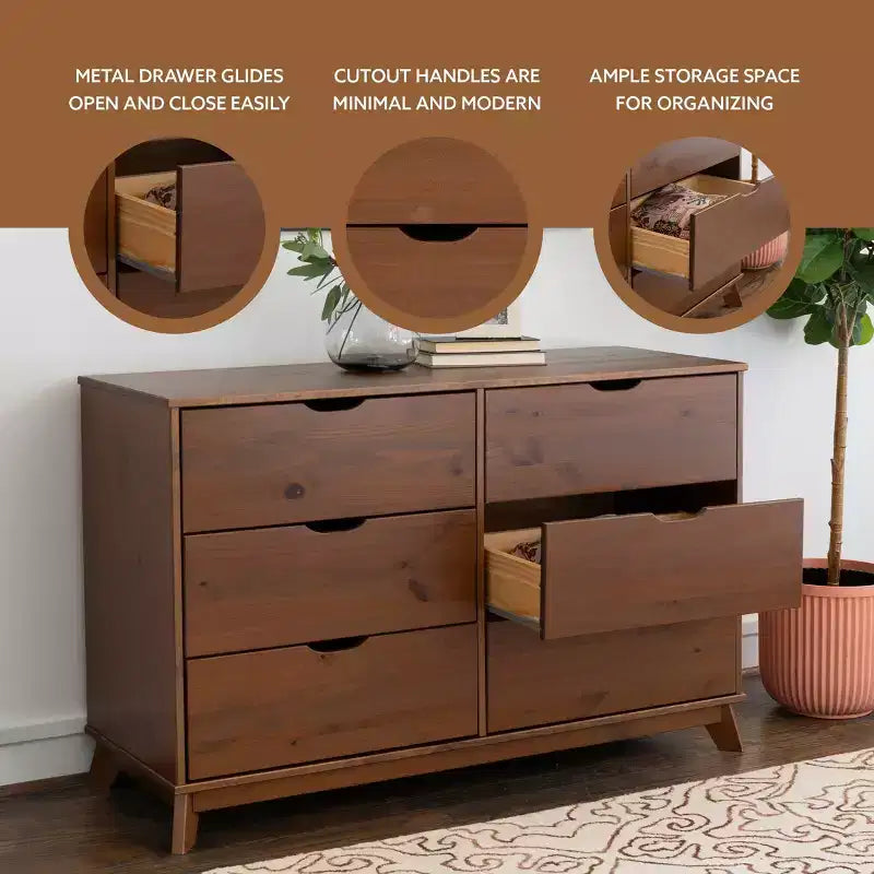 Cassettiera a 6 cassetti Powell Pensy in legno massiccio, stile Mid-Century Modern, noce: Mobile contenitore per camera da letto, struttura in pino, guide in metallo