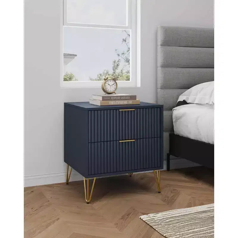 Manhattan Comfort Dumbo Comodino a 2 Cassetti Blu Notte: Mobile da Comodino Moderno in MDF con Guide Metalliche