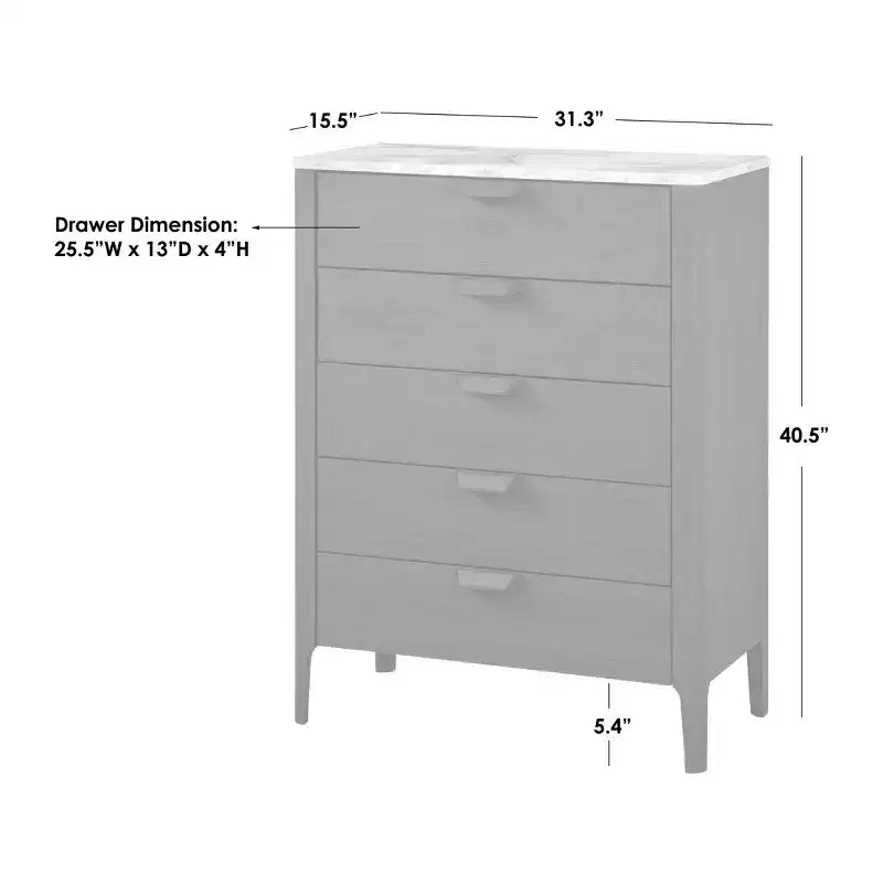 Buylateral Keely Comò moderno a 5 cassetti con piano in finto marmo grigio carbone: Mid-Century Modern, Mobile contenitore per camera da letto, Piano in finto marmo