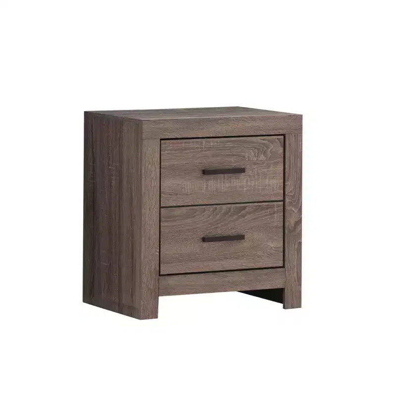 Benzara 2 Drawer Nightstand with Metal Bar Pulls Brown: Sturdy Particle Board Bedside Storage
