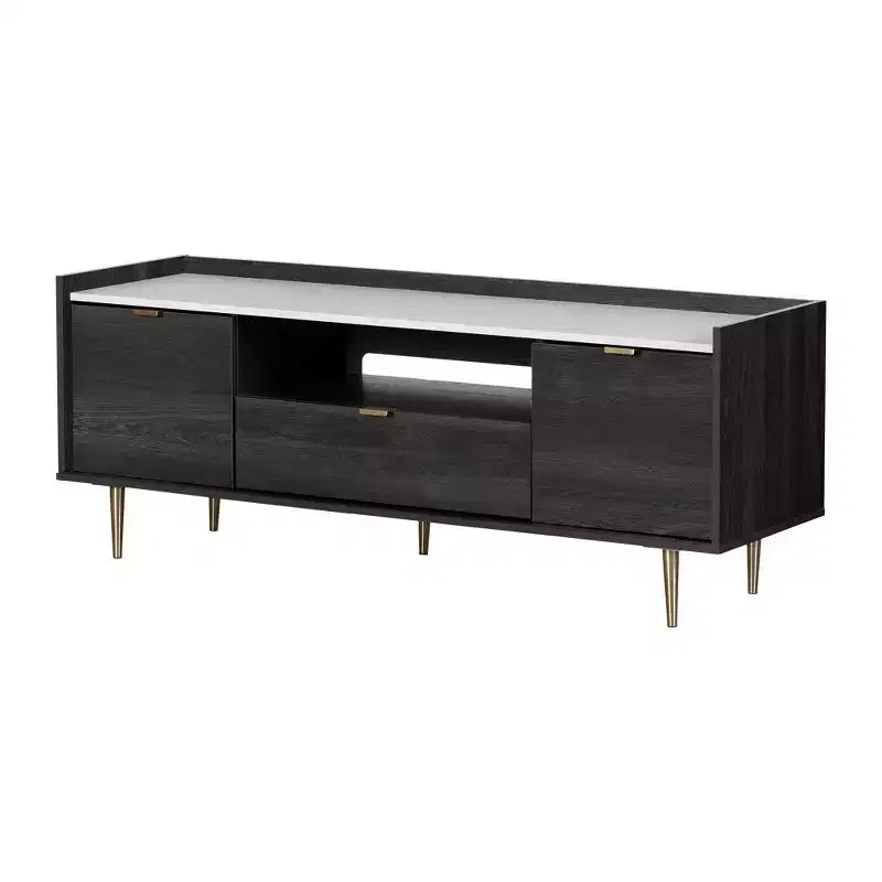 South Shore Hype TV Stand for TVs up to 75" Gray Oak/Faux Carrara Marble: Laminated Particle Board, Storage Shelves