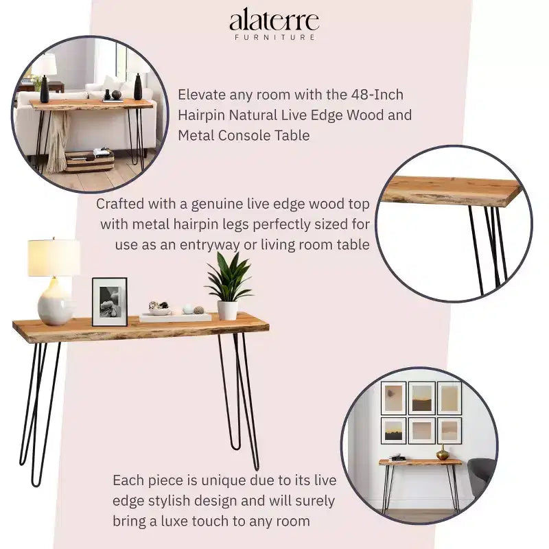 Consolle Tavolo Porta TV Alaterre Furniture Hairpin Naturale Marrone Bordo Vivo in Metallo e Legno