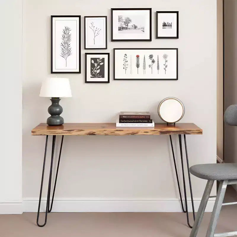 Consolle Tavolo Porta TV Alaterre Furniture Hairpin Naturale Marrone Bordo Vivo in Metallo e Legno