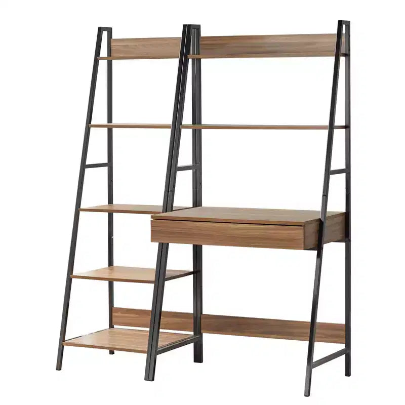 Scrivania e Scaffale a Scala 2 pezzi Noce/Nero: Scrivania con Mensola Inclinata con Ripiani Aperti, MDF e Telaio in Metallo