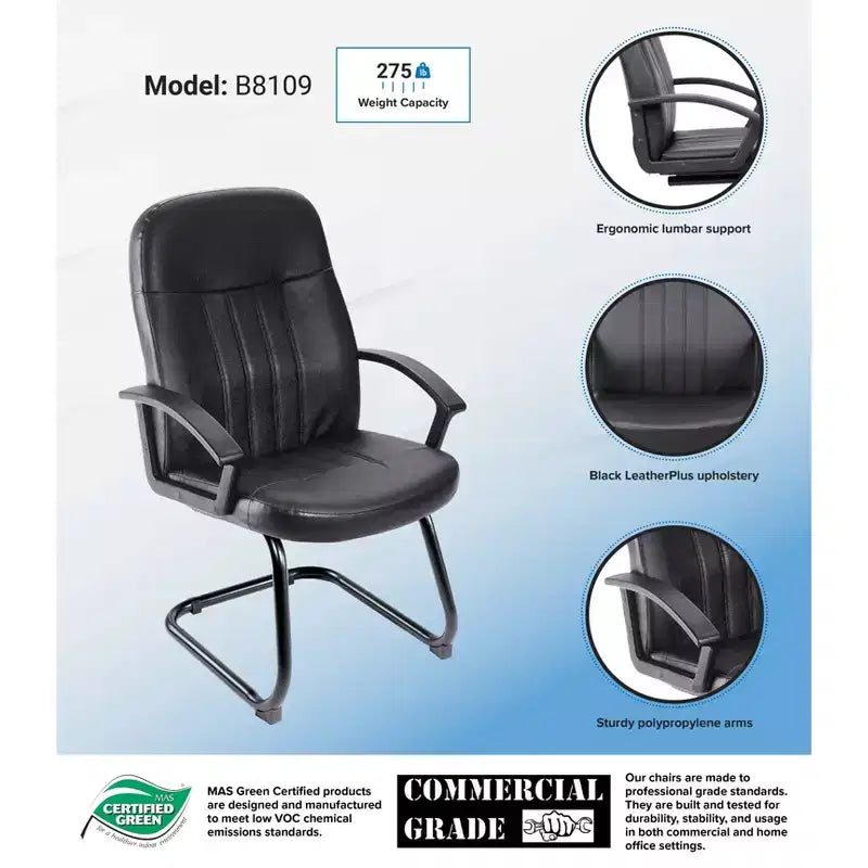 Sedia da Ufficio per Ospiti in Pelle Nera - Boss Office Products: Struttura in Metallo, Imbottita, Braccioli Fissi, Pulire a Macchia