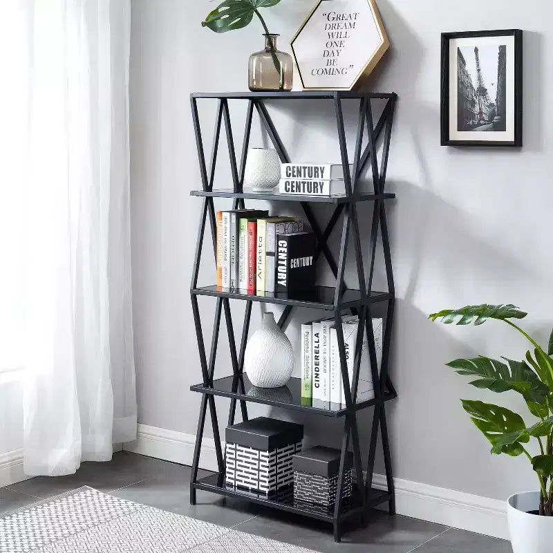 Libreria miBasics Werrin con 5 ripiani in metallo, 146 cm, nera