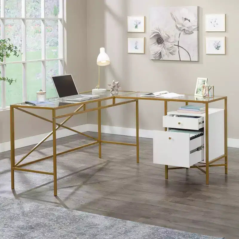 Scrivania angolare con piano in vetro Sauder Harper Heights, bianca