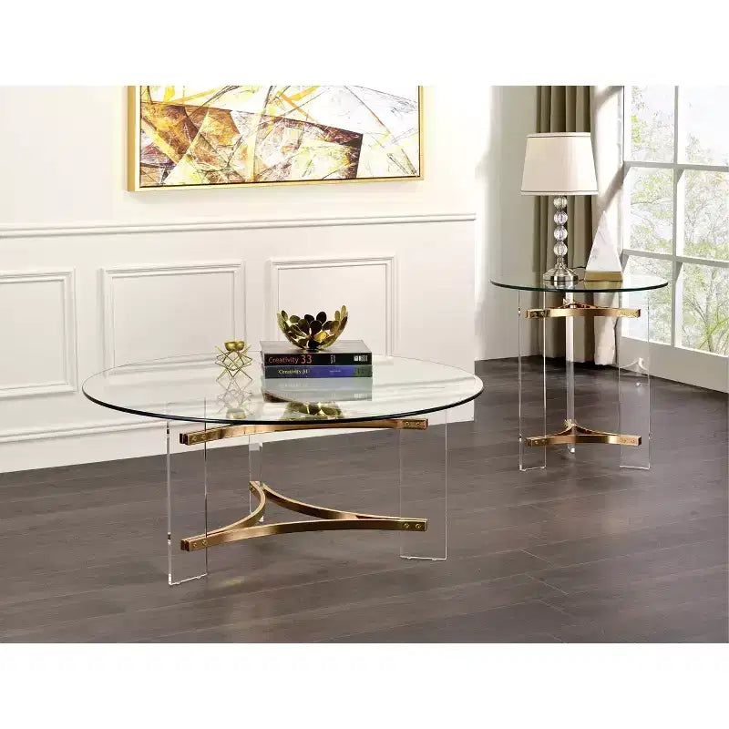 Tavolino da Caffè Sosi con Finitura Dorata da 41" - Acme Furniture: Piano Rotondo Moderno in Vetro Temperato, Vano Contenitore, Struttura Verniciata a Polvere