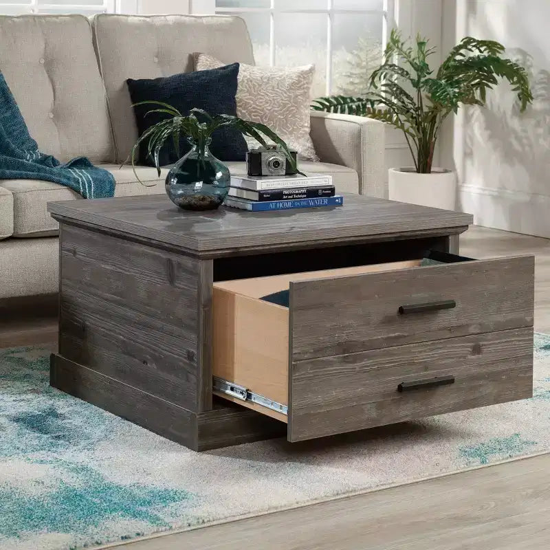 Sauder Aspen Post Tavolino da Salotto Quadrato Pebble Pine: Stile Rustico, MDF con Accessori in Metallo, Conforme agli Standard CPSC