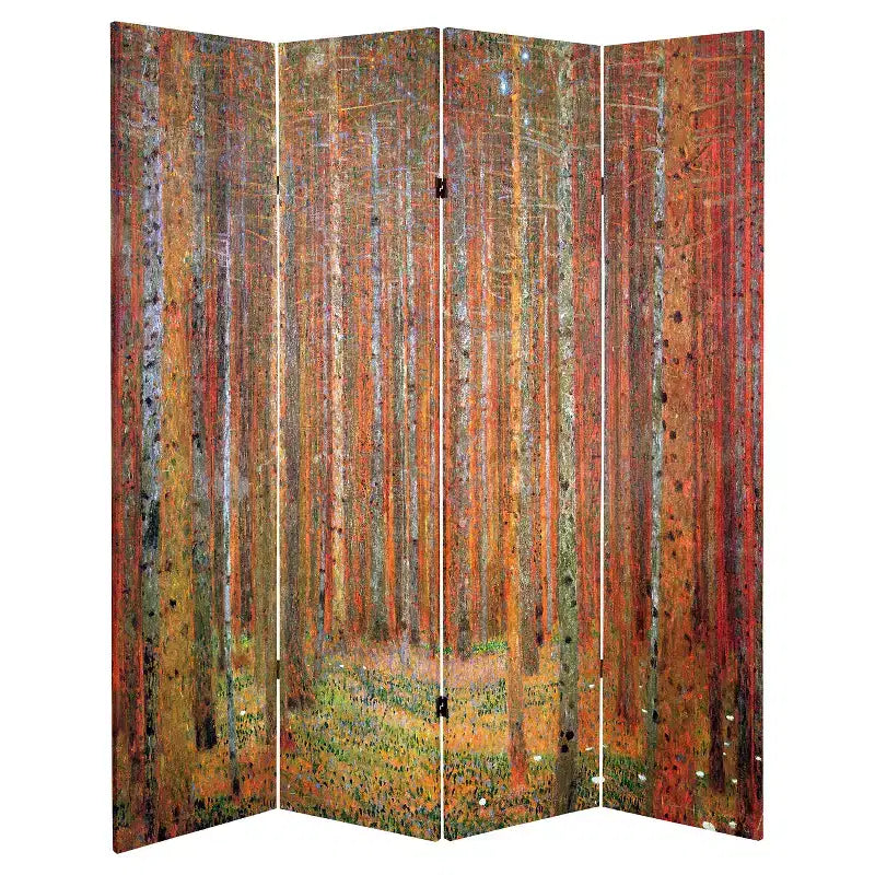 Divisorio in legno Klimt Fine Art a doppia faccia Tannenwald e Giardino di fattoria: 4 pannelli, tela, cornice in legno massello