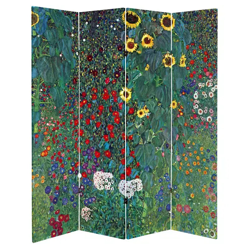 Divisorio in legno Klimt Fine Art a doppia faccia Tannenwald e Giardino di fattoria: 4 pannelli, tela, cornice in legno massello