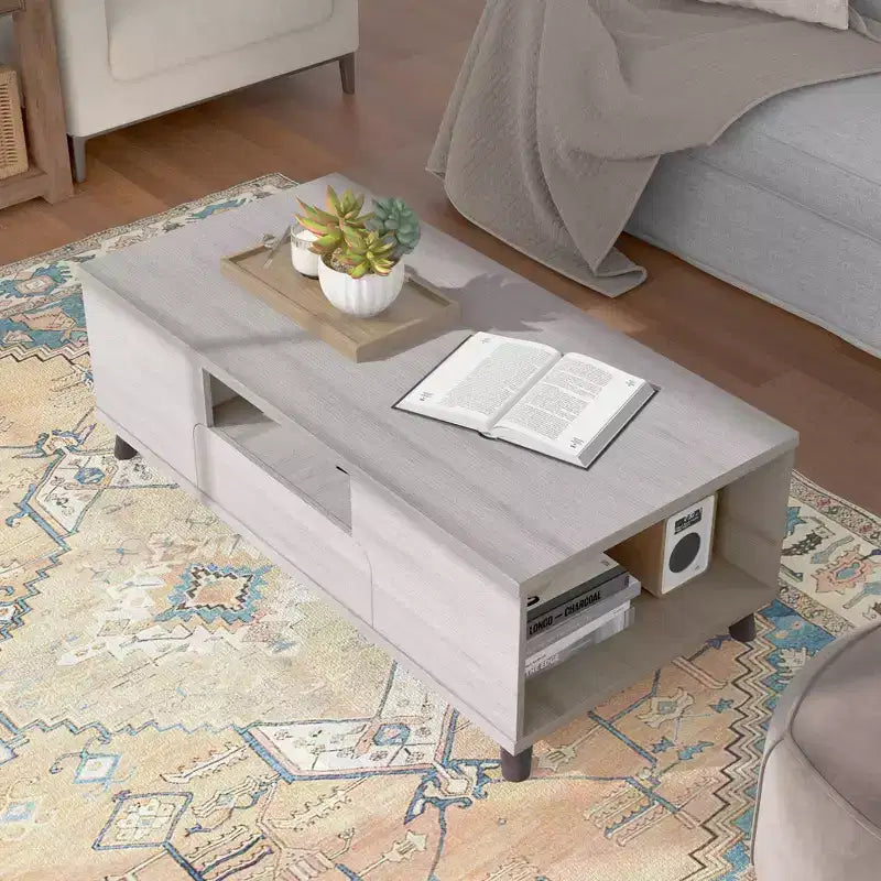 Tavolino da caffè a 1 cassetto Frelmer Rovere Bianco/Grigio Invecchiato - miBasics: Moderno di Metà Secolo, Gambe Svasate, Ripiani Fissi
